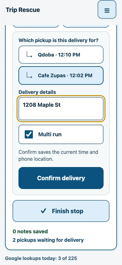 Trip Rescue showing pickup choices for a multi run delivery
